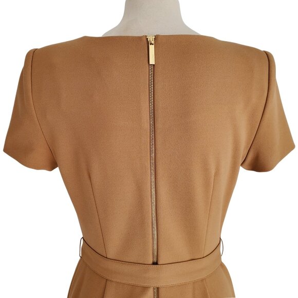 Calvin Klein NWT Career Dress Tulip Hem Tie Front Short Sleeve Deep Tan Size 4 - Picture 4 of 16